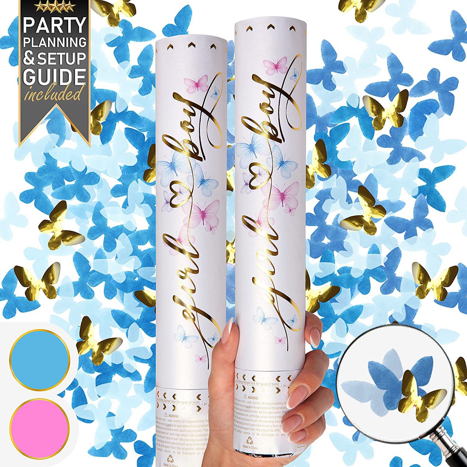 Confetti Cannon Tube - Geslachtsonthullingsparty confettikanonnen - vlinderconfettikanon - handdraaibare