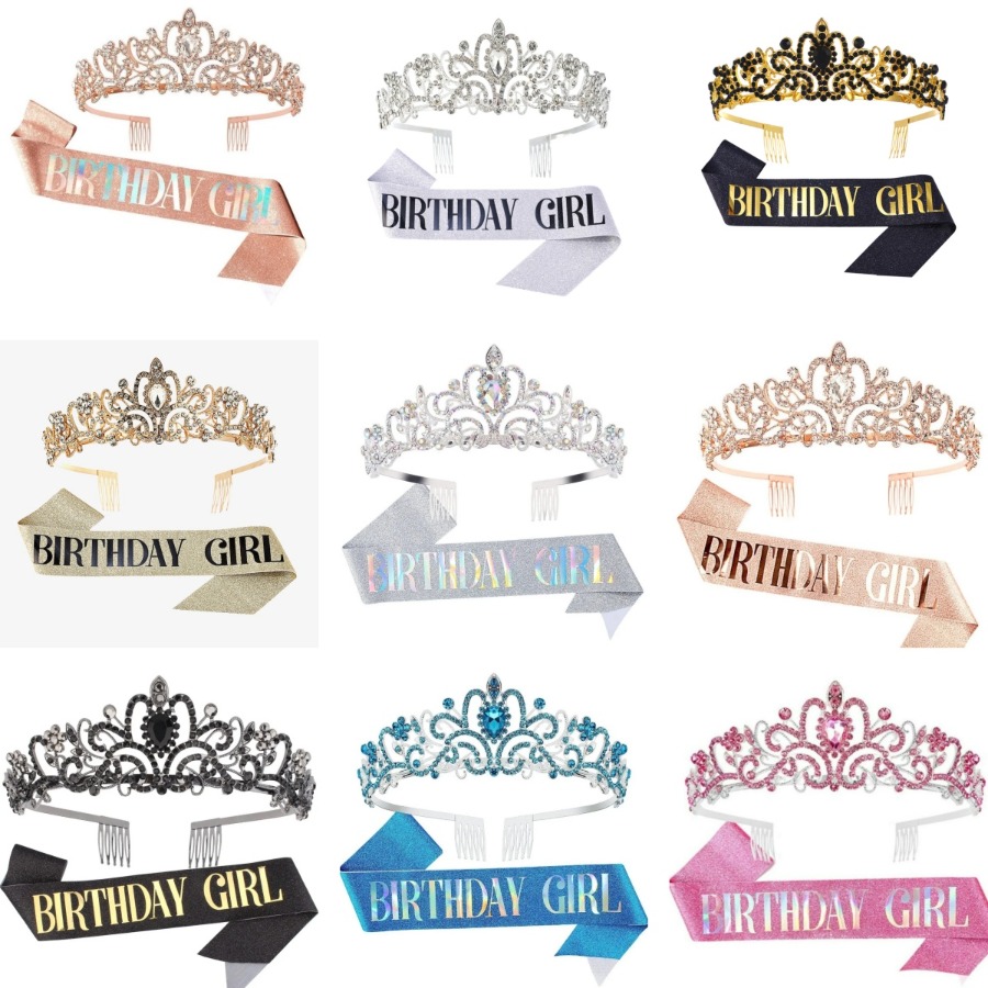 Birthday Sash Glitter - 2-delige set met strass-kristallen kroontjes en